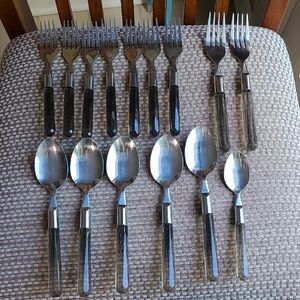 Vintage Set of 15 Stainless Steel Flatware Lucite Handles Forks Spoons Retro MCM